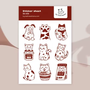 Cosy brown cat sticker sheet - Cute feline illustrations