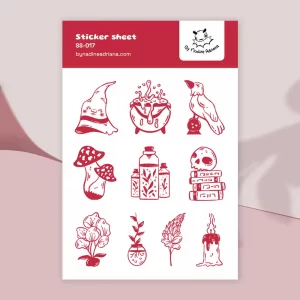 Kawaii witchy sticker sheet with tarot, bird, books & mushrooms