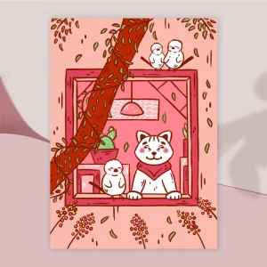 Cat with birds A6 print