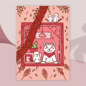 Kawaii cat and birds print - A4 print